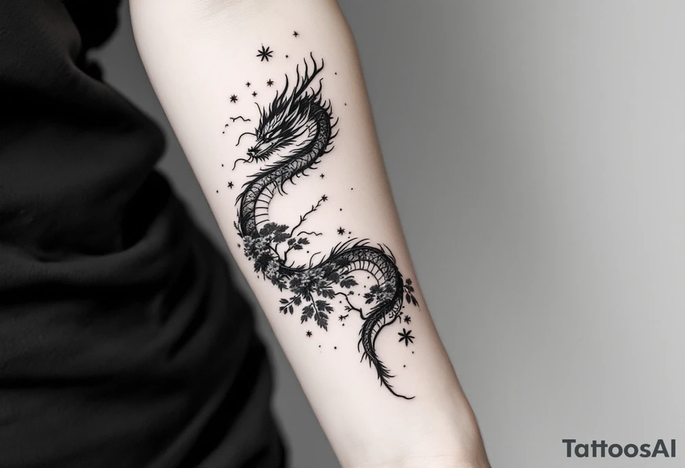 dragon japanese style sakura trees nebula tattoo idea