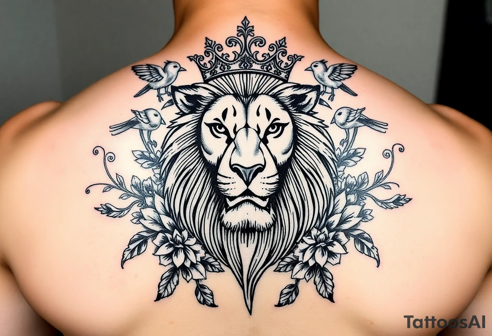 powerful majestic lion with a crown, surrounded by floral ornaments and birds tattoo idea