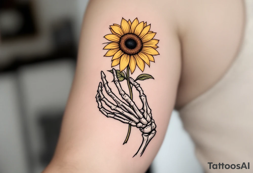 A skeleton hand holding a dying yellow sunflower, "memento mori" in thin, winding black cursive along the stem. tattoo idea