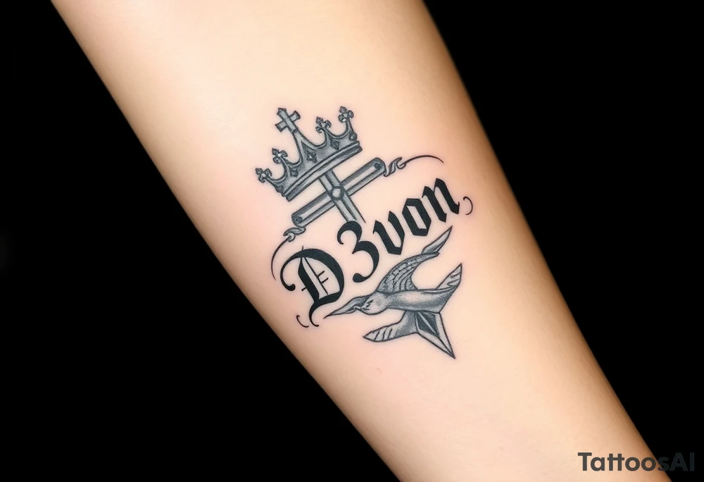 Name D3von with a ride and cross and crown  with a river tattoo idea