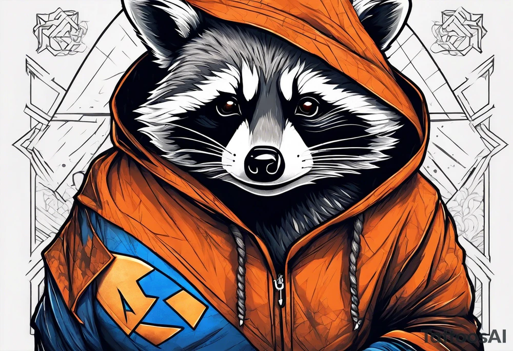 Raccoon wearing an orange Superman hoodie tattoo idea