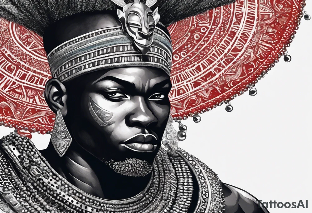 An african god, a bald black-skinned warrior, that uses a sword and a silver crown. He also uses blue and red necklaces tattoo idea