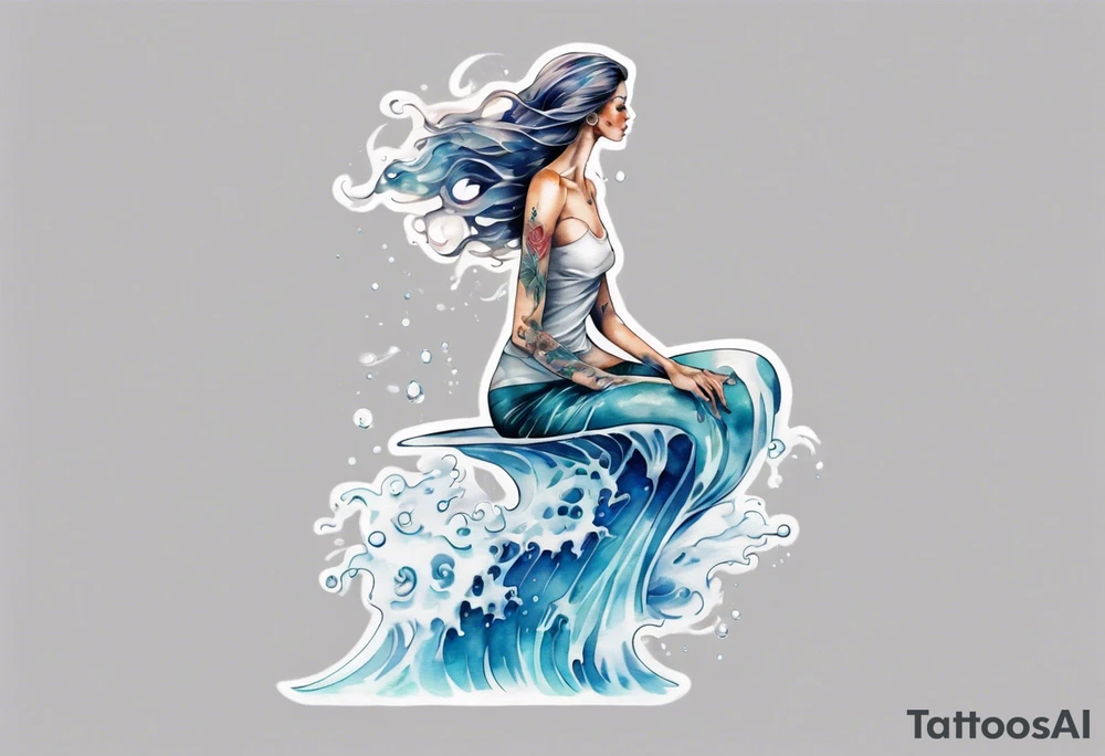 a tall transparent woman made of glass covered with water, sitting upon a wave tattoo idea