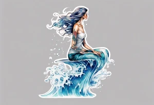 a tall transparent woman made of glass covered with water, sitting upon a wave tattoo idea