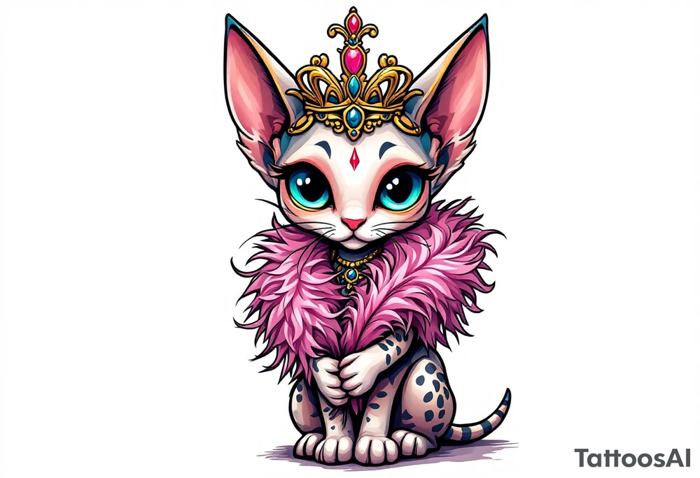 Chibi new school Glamorous sphinx cat holding 
pink feather boa and wearing a crown tattoo idea