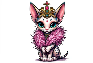 Chibi new school Glamorous sphinx cat holding 
pink feather boa and wearing a crown tattoo idea