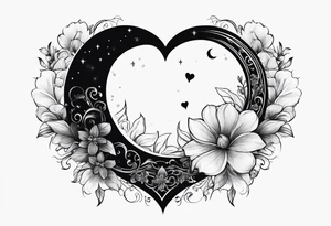 Crescent moon with a heart inside, shrouded by beautiful flowers with wisps of mist tattoo idea