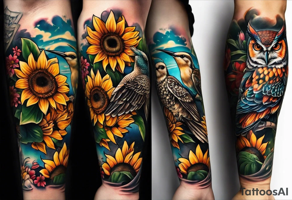 A lower forearm sleeve full colour coming down from a bicep with flowers joined with honeycombs, Mandela flowers, sunflowers, humming bird, and owl.  Lighthouse. tattoo idea
