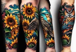 A lower forearm sleeve full colour coming down from a bicep with flowers joined with honeycombs, Mandela flowers, sunflowers, humming bird, and owl.  Lighthouse. tattoo idea