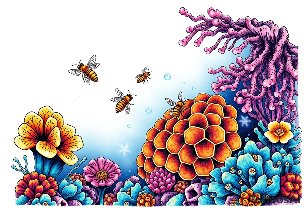 Coral reef scene with honey bees swimming on honey comb tattoo idea