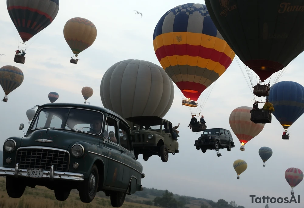 in a very steam punk vibe i want you to make a picture of a bunch of old beat up cars with people lounging in them and garbage and junk all up in and on them, tied to hot air balloons floating in the sky right about dusk and they are as far as the eye can see i want the cars to be floating as if they were the basket to the hot air balloons and the hot air balloons are all different colors and patterns and some are old and patched and i dont want to see the ground at all  i want this to be a scene that is up in the sky with them all floating under the balloons like it is in a dream and every single balloon in the picture is attached to a different old car, and some of the cars you can see people kicked back with thier feet out the window and stuff on the dash of the car, and some with people hanging an arm out hte window some have cigarrette smoke coming out the window, and the balloons all are different but every single car is floating high in the sky and i dont want there to be too many balloons and cars, just a few close together, and the rest ll are smaller and off in the distance 

and it should look like i too am in a car attached to a hot air balloon floating along as well and there should be no ground in sight,... because each one is hiigh in the sky, on a long voyage together i dont want to see the ground from the posistion no ground only sky tattoo idea