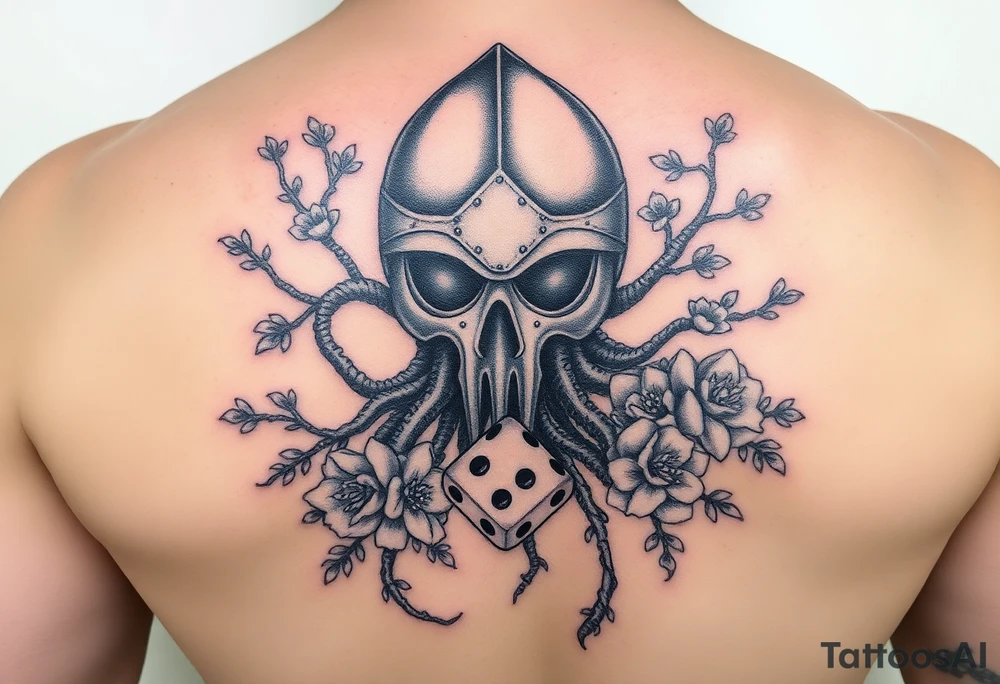 squid knight helmet combined with tree roots, cherry blossoms and roses rolling dice tattoo idea