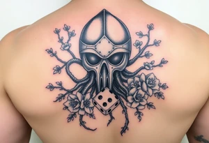 squid knight helmet combined with tree roots, cherry blossoms and roses rolling dice tattoo idea