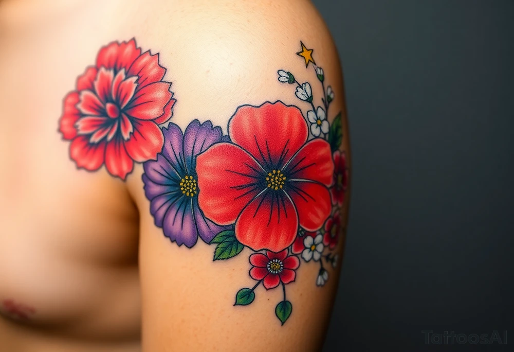 Upper left arm, wrapping slightly from the shoulder to the mid-upper arm, ending at the natural mid-arm curve.

Top center: Large red carnation
Left side: Purple pansy above a blue cosmos flower
Right side: Pink cosmos above a red cosmos
White flowers:
3 between the purple and blue flowers
2 below the pink/red flowers
3 on the branch extending from the right side of the carnation
2 on a branch connecting from the right side of the carnation to the top of the purple pansy
(bouquet)
Neo-Traditional with Realism influence
Bold, clean black outlines
Flat, rich color gradients
Realistic flower detailing: natural petal texture, realistic shading, and depth
Flowing, realistic green branches and leaves
Fine black dots and small line accents
Small gold star next to the top red carnation

 brown skin tone
Neo-Traditional, Realism, Floral Tattoo, Botanical Tattoo, Realistic Flowers, Color Tattoo, Upper Arm Tattoo tattoo idea