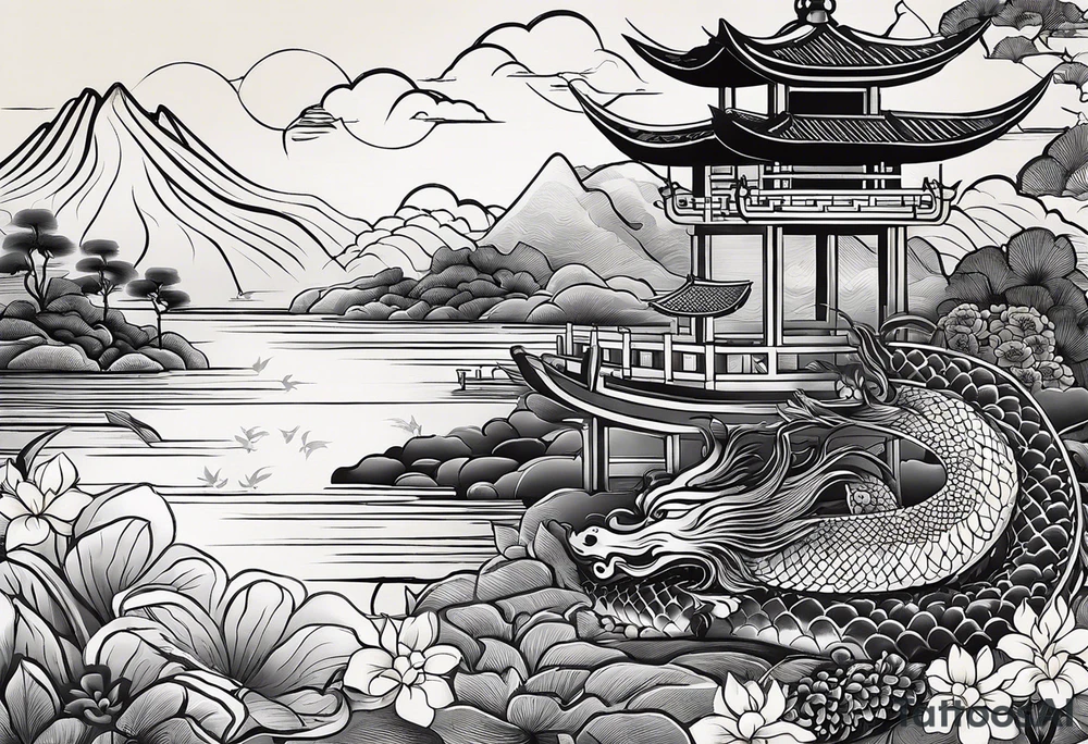 A black Vietnamese tattoo design featuring intricate depictions of sacred animals like the dragon and turtle intertwined with majestic mountains and lush rice fields. Incorporate iconic elements such as the conical straw hat floating above, surrounded by blooming lotus flowers and traditional silk lanterns. The tattoo reflects the essence of Vietnam's breathtaking nature, with swirling mist and flowing water elements woven into the composition, merging traditional artistry with a modern flair. Use a color palette that evokes the lush greens of the countryside and the warm tones of sunset. tattoo idea