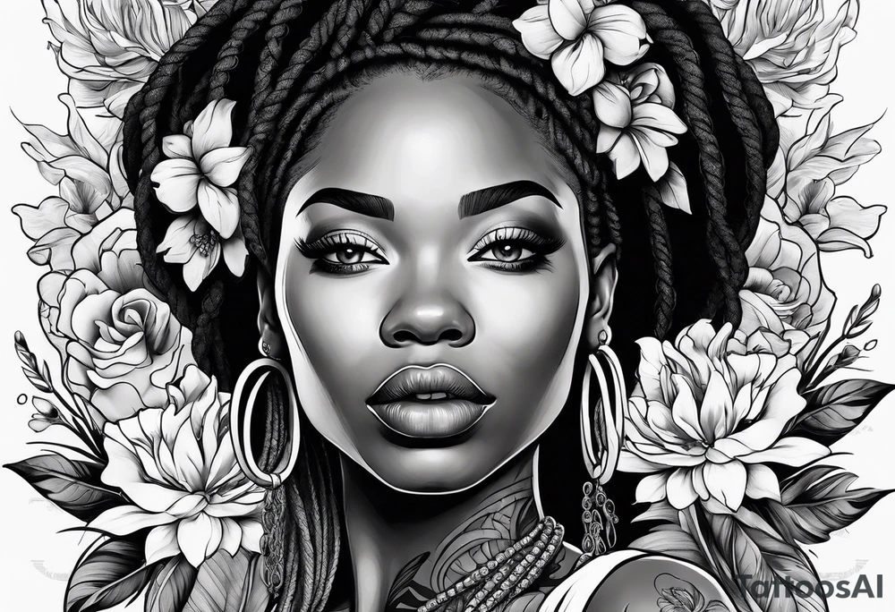 Black woman with locs and flowers tattoo idea