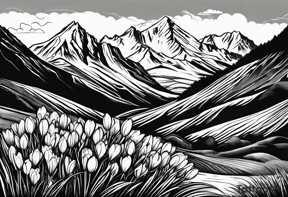 composition with mountain (Gran Sasso) with Crocus flowers, and an explorer trekking. Background in rectangular g shape. Do not enter rivers and trees. Do it in color. The design style must be that of Old School Traditional Tattoo. tattoo idea