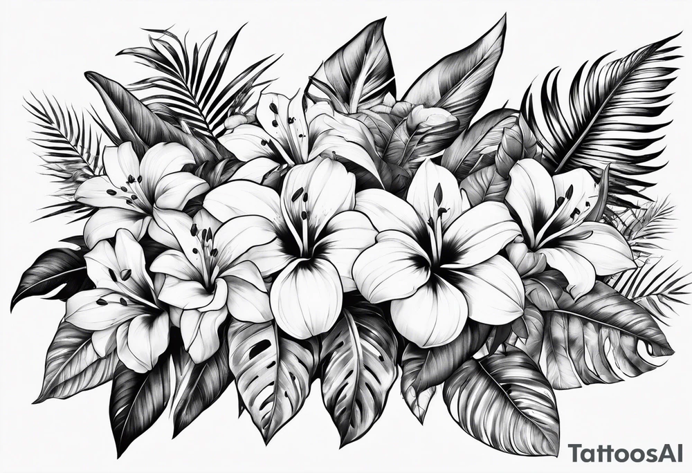 Tropical flower leaves tattoo idea
