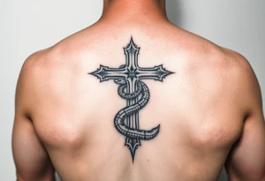 A cross slaying the snake tattoo idea