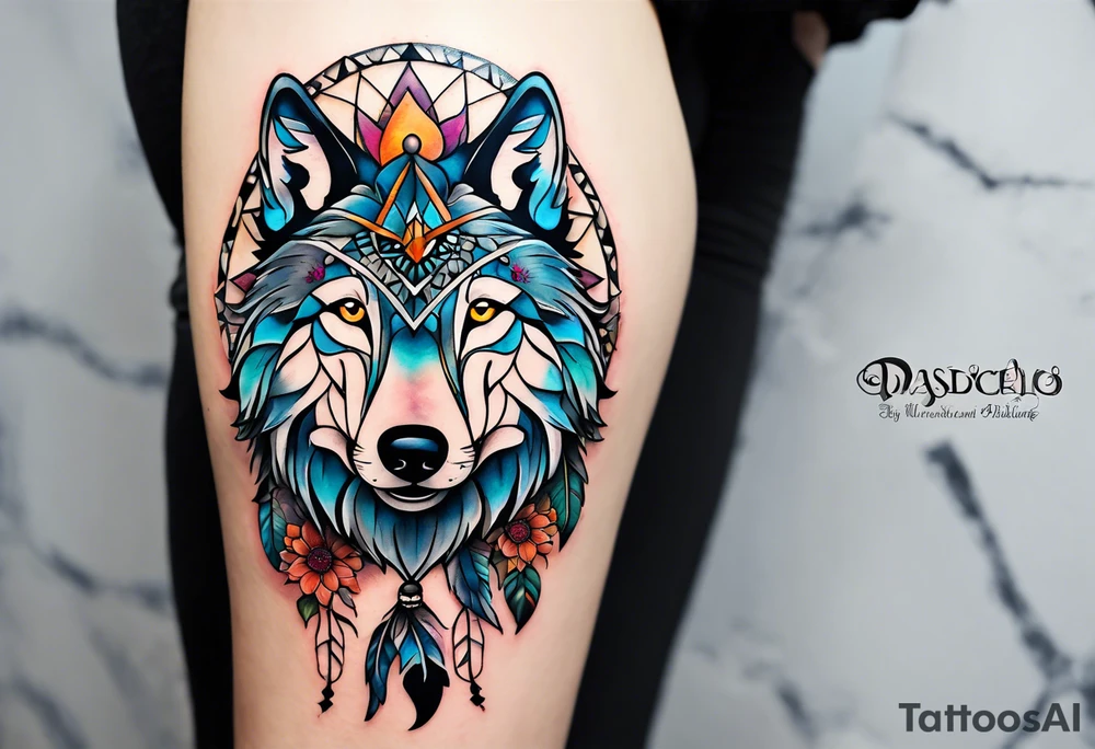 A whimsical wolf tattoo featuring mandala or dream catcher elements, with the wolf as the central focus, surrounded by mountains in the background. Include flowers and nature elements to fill the space around the wolf. tattoo idea