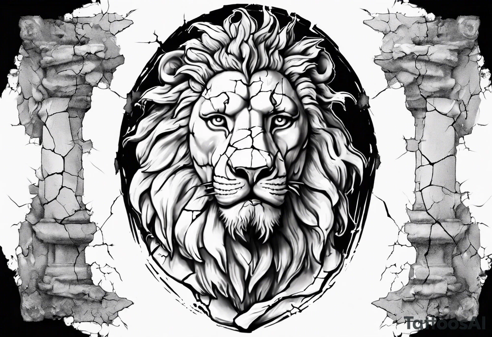 cracked Face of david statue with lion features in the cracks tattoo idea