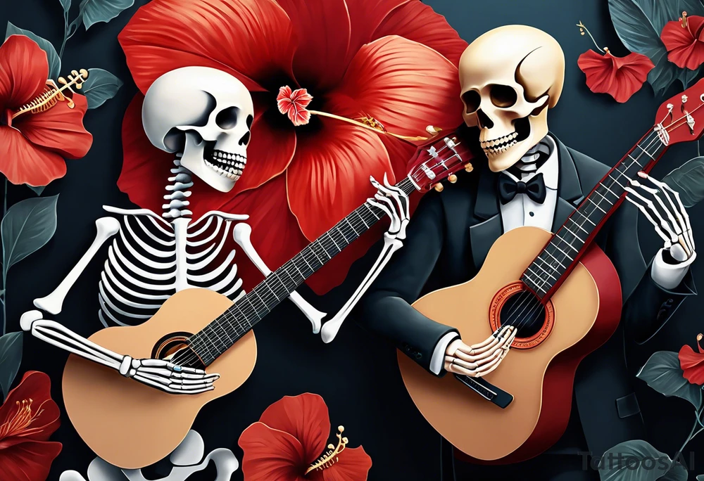 a female skeleton holding a hibiscus flower and a male skeleton playing a guitar. The scene should capture a moment of connection between the two, with the female skeleton attentively listening to the music played by the male skeleton. Emphasize the details of the hibiscus flower,  and the fluidity of the music being played on the guitar. tattoo idea