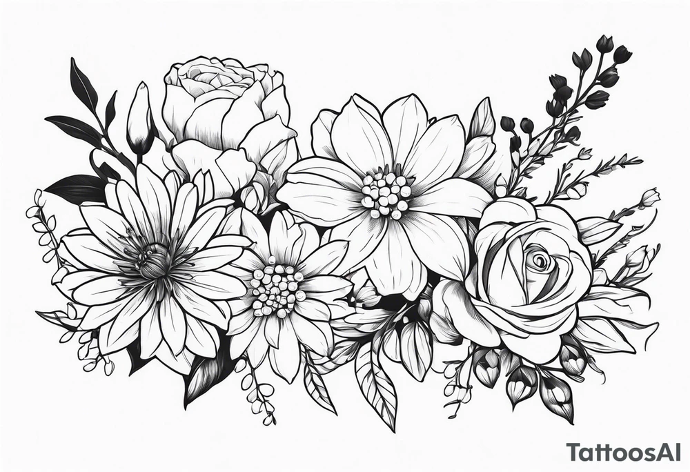 Asters, roses, lily of the valley, and chrysanthemums in a long line tattoo idea