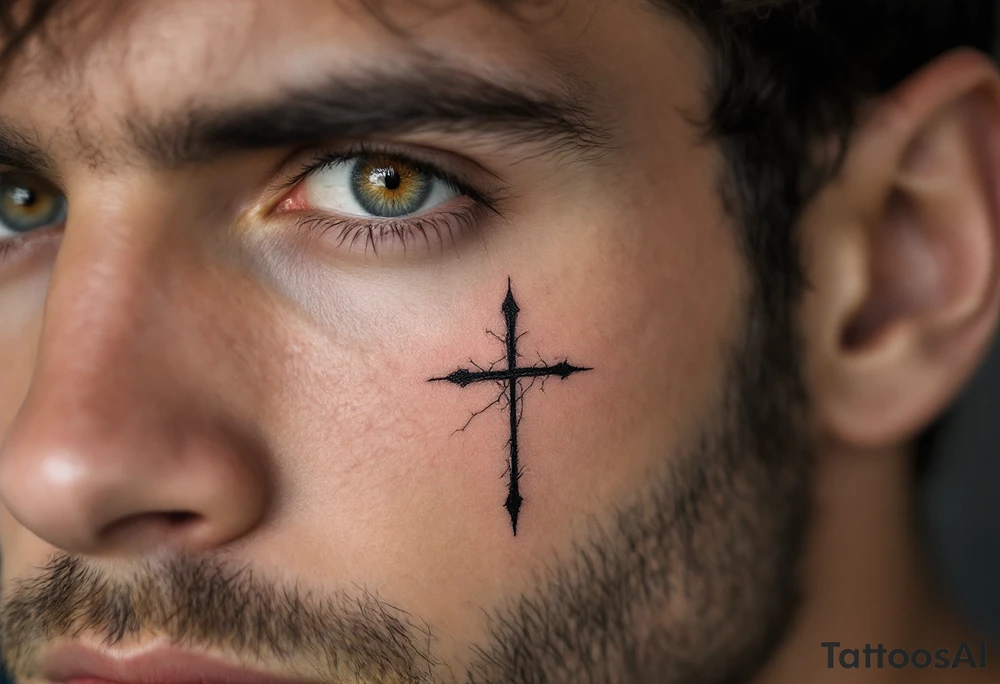 Cross in bold black with a cracked effect on man´s face under a eye. tattoo idea Cross in bold black with a cracked effect on man´s face under a eye. tattoo idea