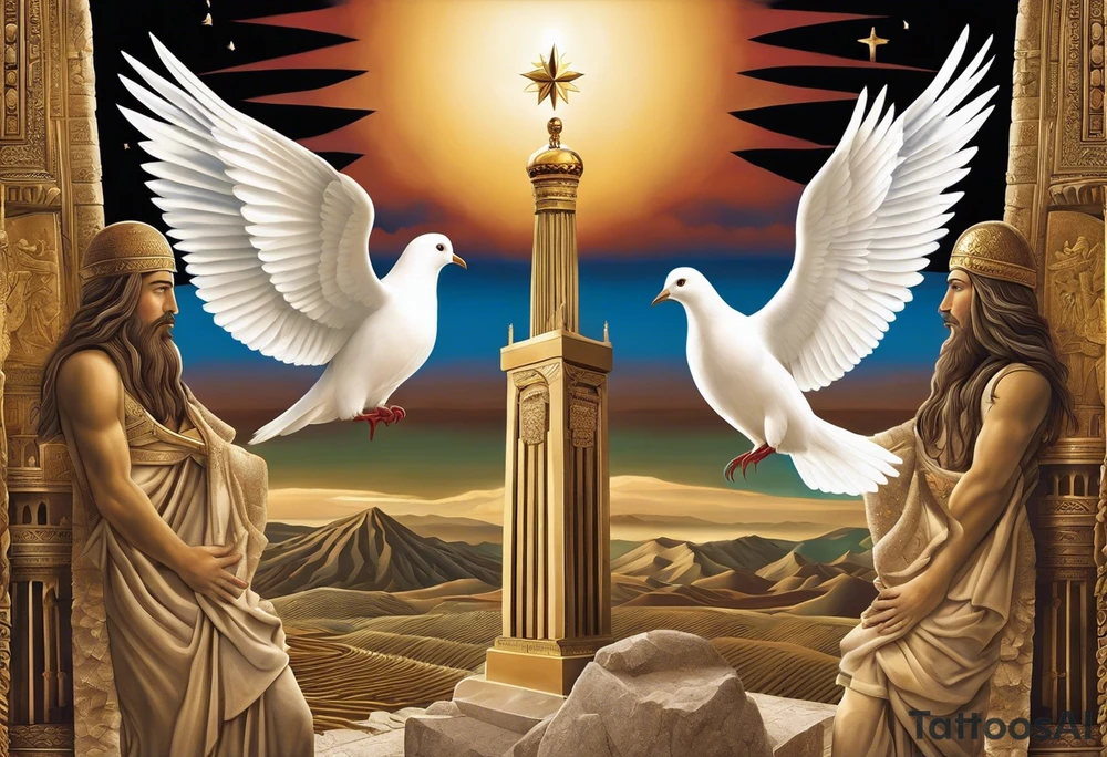 A surreal tattoo and dramatic scene featuring two figures: Cyrus the Great and Jesus Christ, standing side by side. The tomb of Cyrus the Great is in the background, partially visible, symbolizing history and legacy. A white dove is flying gracefully above or near them, symbolizing peace. The image is integrated seamlessly to create a powerful and unified visual representation. The composition should evoke a sense of reverence, unity, and tranquility. tattoo idea