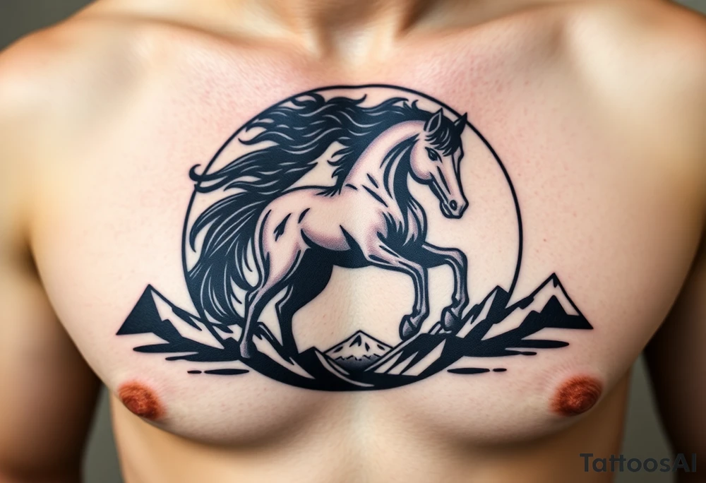 A golden mustang horse with black mane and legs, captured in motion inside a circle. The mountains and nature should frame the design, blending with the horse's black fur as a base to represent the landscape. Experiment with using the black fur to shape the mountains, playing with edges or interior details. tattoo idea
