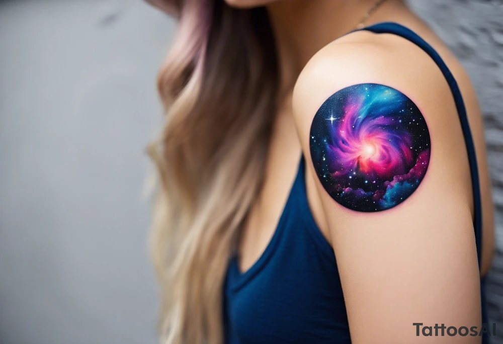 I want a nebula space galaxy s kinda shape 
tattoo that's colorful and bright and cute and is nice to look at I don't want a traditional circle I want it like the ones thay look like an s shape and this tattoo will be on my left buttcheek and light colors I want more spread and less circle side to life Left to right tattoo idea