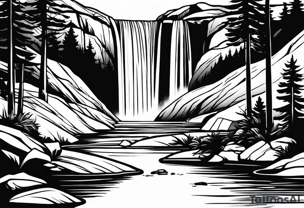 waterfall going into a river with a camp site in Australia tattoo idea