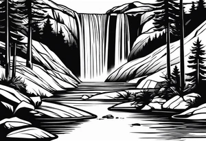 waterfall going into a river with a camp site in Australia tattoo idea