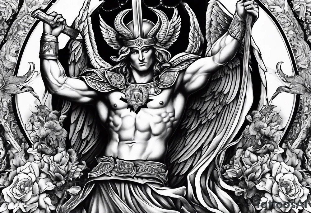 Arm sleeve of St Michael killing the devil tattoo idea