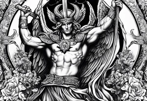 Arm sleeve of St Michael killing the devil tattoo idea
