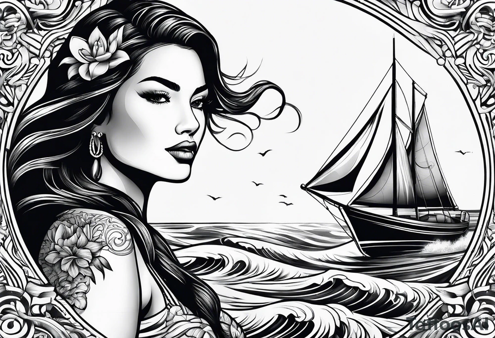 Hula girl on a sailboat with waves tattoo idea