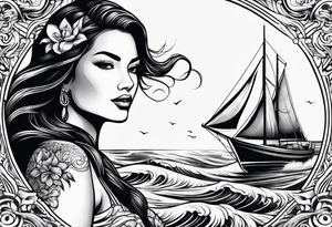 Hula girl on a sailboat with waves tattoo idea