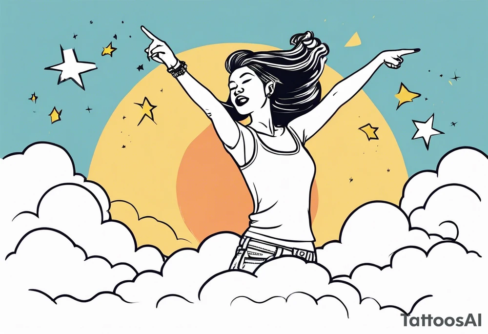 Silly. odd woman ugly dancing pointing her fingers up in the sky tattoo idea