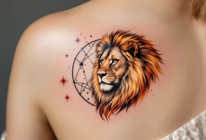 The vivid Leo star constellation arcs across a majestic lion’s back, rendered in warm ochre and crimson tones. tattoo idea