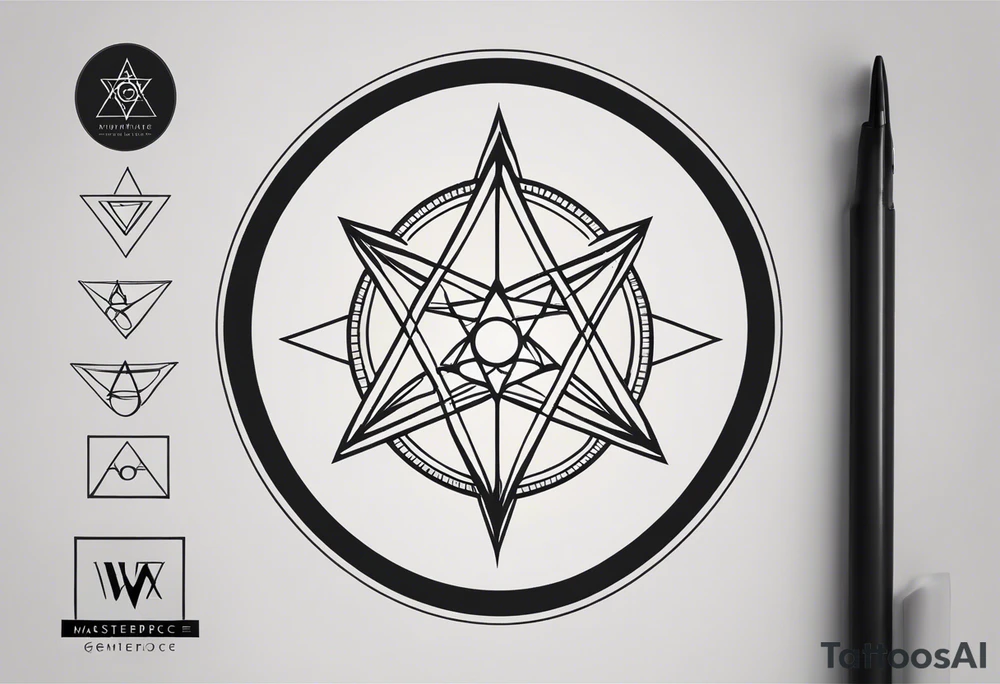 “Generate a minimalist tattoo design with three filled-in shapes arranged in a triangle formation. The top shape should be a geometric heart representing health, the bottom left a compass rose symbolizing purpose, and the bottom right three circles forming a triangle to signify family. The design should focus solely on the filled-in shapes without any additional ornaments, emphasizing simplicity and clean lines.” tattoo idea