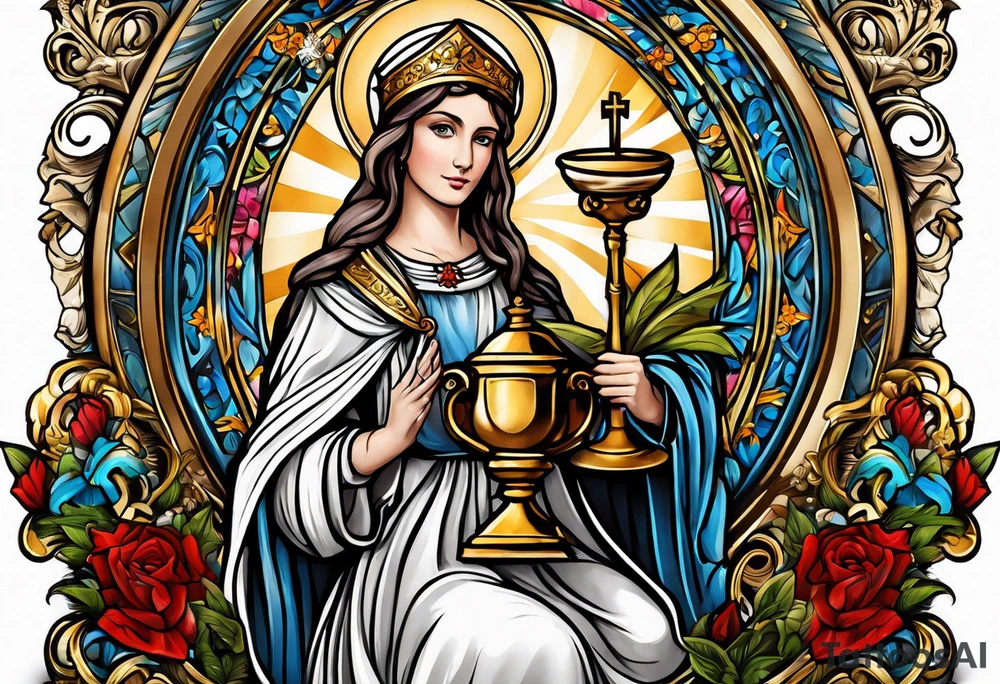 holy saint barbara with canons behind her and a chalice tattoo idea