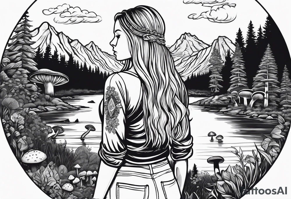 Whole picture encircled fully

Straight long blonde hair hippie girl in distance holding mushrooms in hand facing away toward mountains and creek surrounded by mushrooms long sleeve shirt and hiking pants; whole rendering within a full circle, no cut off circle tattoo idea