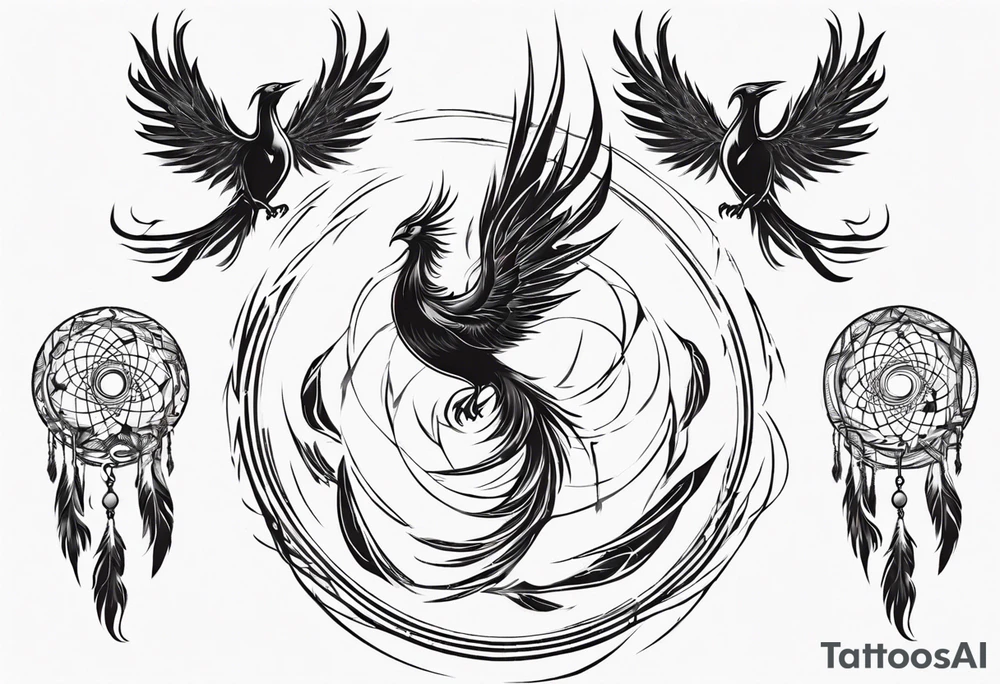 Vertical open mouthed flying Phoenix in circle with abstract dream catcher tail tattoo idea