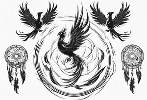 Vertical open mouthed flying Phoenix in circle with abstract dream catcher tail tattoo idea
