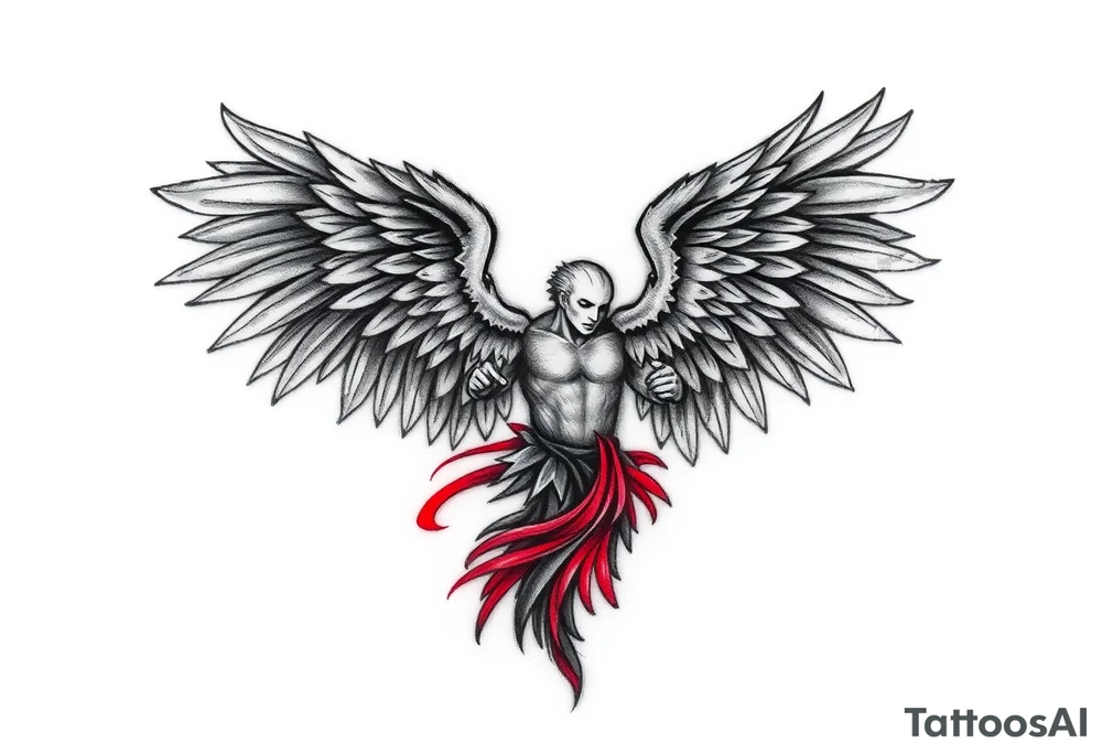 Angel black and red on left chest male tattoo idea