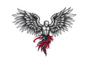 Angel black and red on left chest male tattoo idea