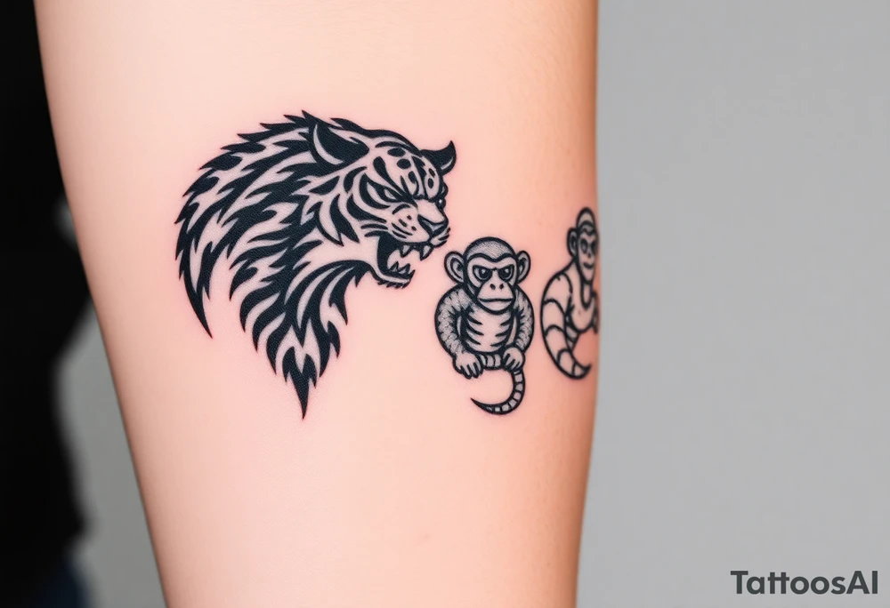 Crane tiger monkey and snake each small individual characters tattoo idea