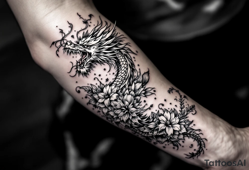 dragon with flowers tattoo idea