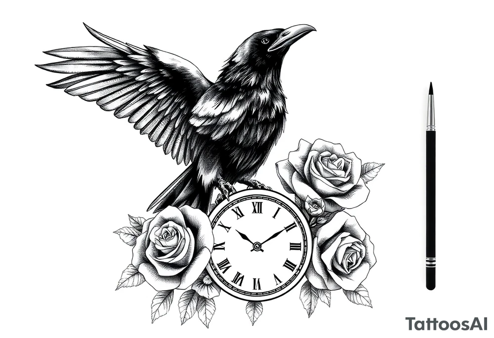 raven,roses,clock. tattoo idea