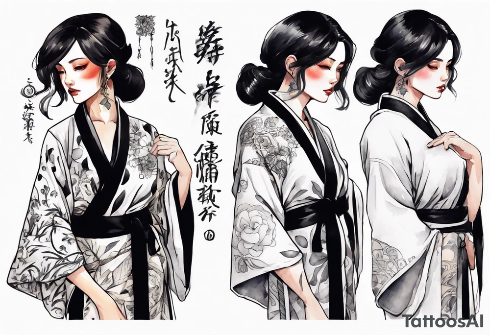 a black-haired woman dressed in a black and white robe, middle-aged, beautiful tattoo idea